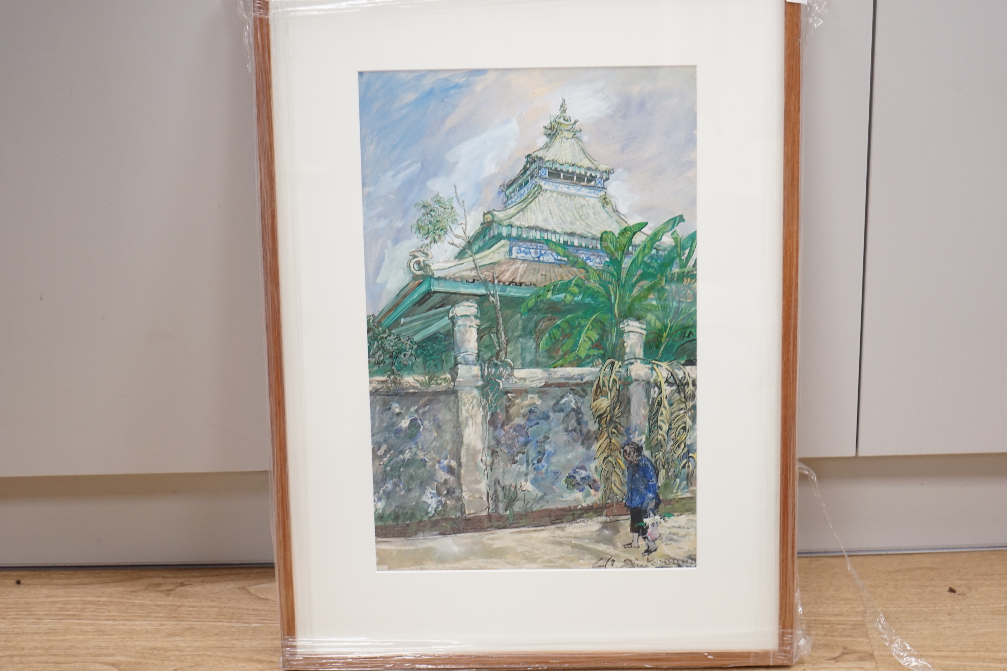 Christopher Clairmonte (1932-2012), mixed media and gouache, Oriental landscape with figures before a pagoda, signed, 52 x 33cm